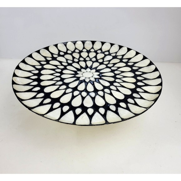 Capiz Shell Pedestal Cake Stand Plate Decorative Flower Inlay Black Ivory 13" - Picture 10 of 15